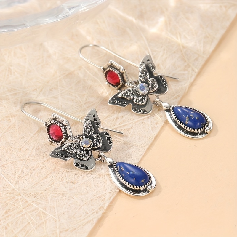 Retro Handcrafted Copper Butterfly Earrings with Turquoise